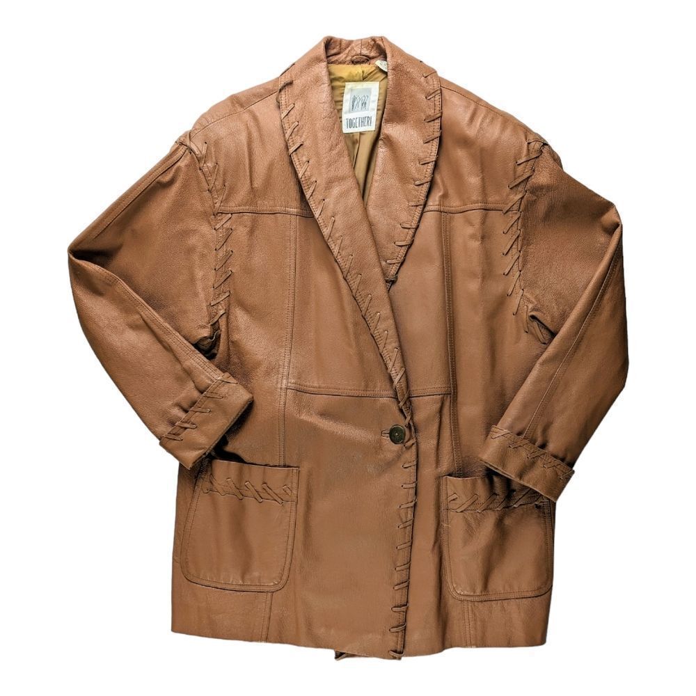 Vintage Brown Leather Jacket Oversized Stitching 90s Western Together! Size Med